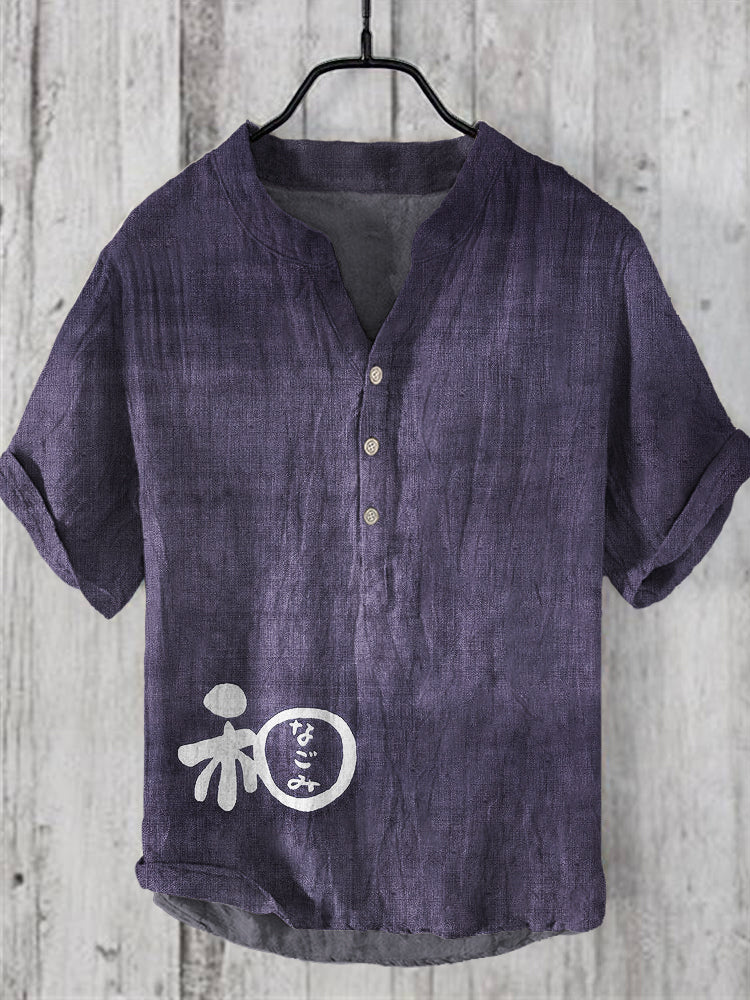 Japanese Word Art Linen V-Neck Shirt