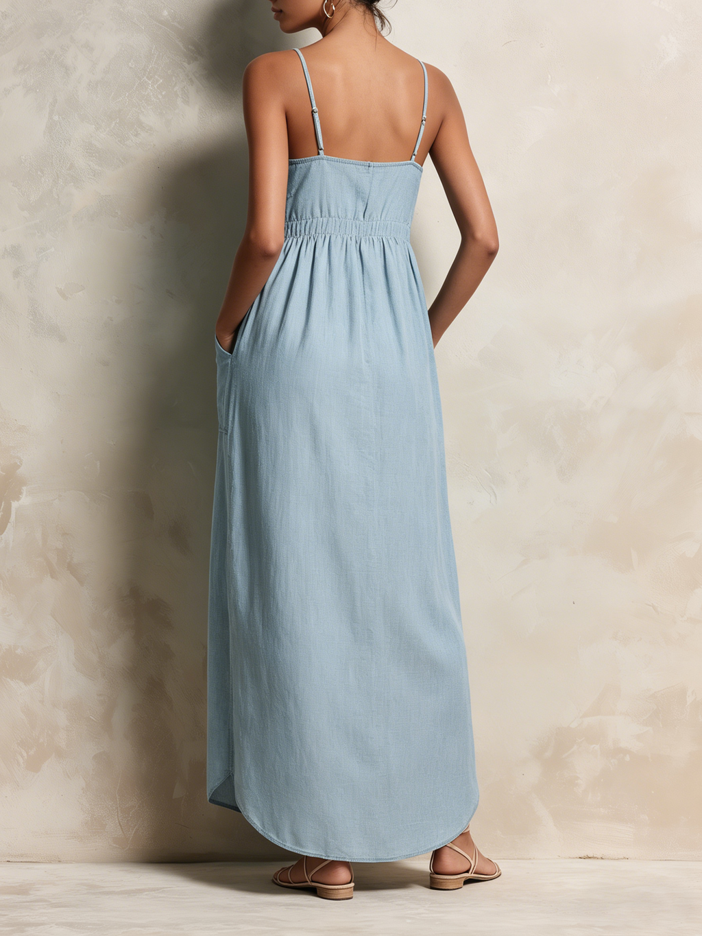 Light Blue Tencel Denim Spaghetti Strap Maxi Dress With Pockets