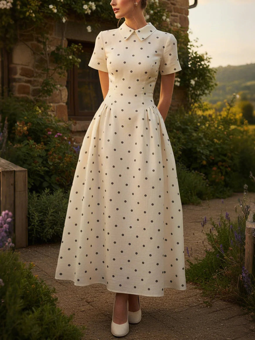 Maxi Linen Dress, Short Sleeves, Shawl Collar, Polka Dots, French Vintage, Off White