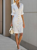 White Buckle Cotton Shirt Collar Short Sleeve Sheath Midi  Dress