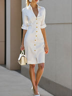 White Buckle Cotton Shirt Collar Short Sleeve Sheath Midi  Dress