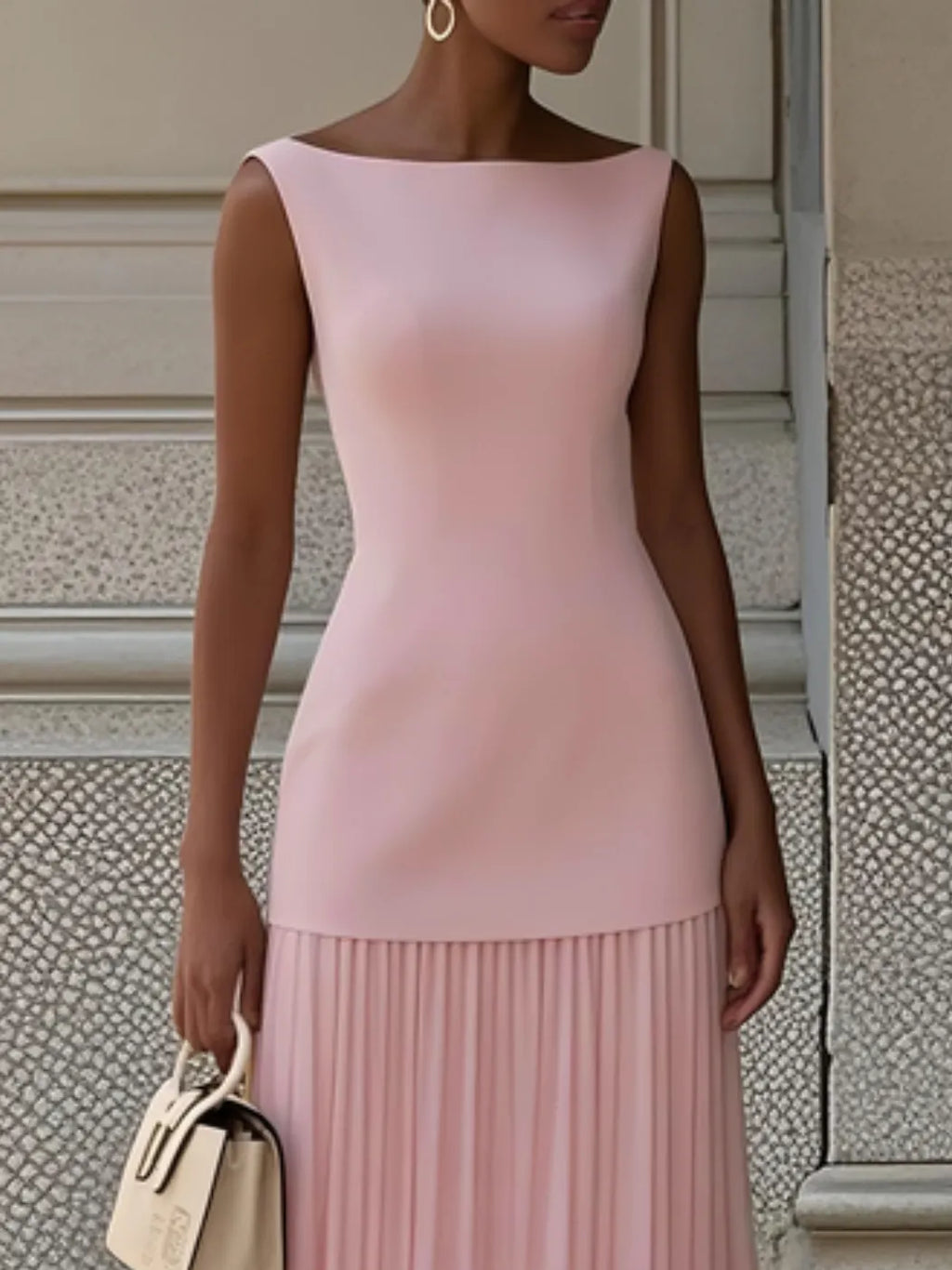Pink Pleated Classic Boat Neck Sleeveless A-Line Floor-length Gown Dress