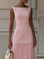 Pink Pleated Classic Boat Neck Sleeveless A-Line Floor-length Gown Dress
