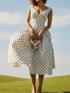 Midi Linen Dress, Sleeveless, V Neck, Polka Dots, French Vintage, White