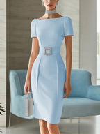 Glamorous Pale Pink Dress with Silver Belt and Necklace