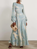 Light Blue Paisley Chiffon Crew Neck Long Sleeve Balloon Sleeve A-Line Maxi Dress With Pockets