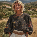 Women's Floral Star And Moon Embroidered Linen T-shirt
