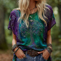 Women's Vintage Viking Tree Of Life Patchwork Casual Linen Crew Neck T-shirt
