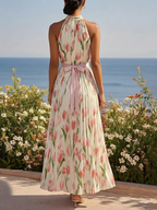 Pink Floral Chiffon Halter Sleeveless A-Line Maxi Dress