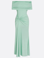 Green Ruched Knit Off The Shoulder Sleeveless Bodycon Maxi Dress
