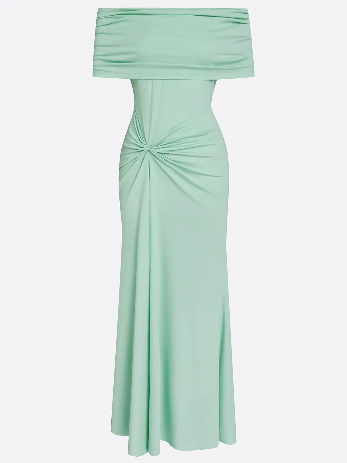 Green Ruched Knit Off The Shoulder Sleeveless Bodycon Maxi Dress