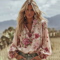 Women's Vintage Rose Art Pattern V-neck Blouse