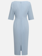 Light Blue Ruched Cotton Boat Neck Half Sleeve Sheath Midi Dress