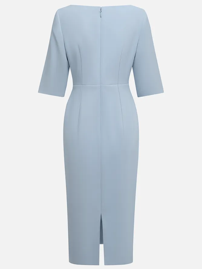 Light Blue Ruched Cotton Boat Neck Half Sleeve Sheath Midi Dress
