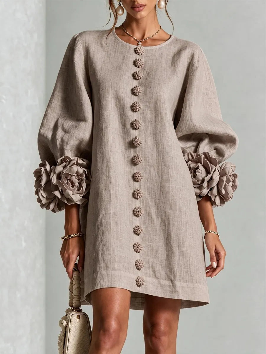 Women's 3D Floral Cuff Balloon Sleeve Mini Dress, Front Floral Button Cotton Linen Blend Shift Dress