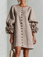 Women's 3D Floral Cuff Balloon Sleeve Mini Dress, Front Floral Button Cotton Linen Blend Shift Dress