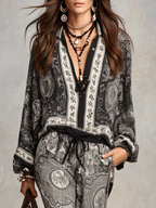 Bohemian Paisley Print Shirt & Wide-Leg Pants Set