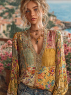 Bohème Patchwork Floral Retro Linen Top