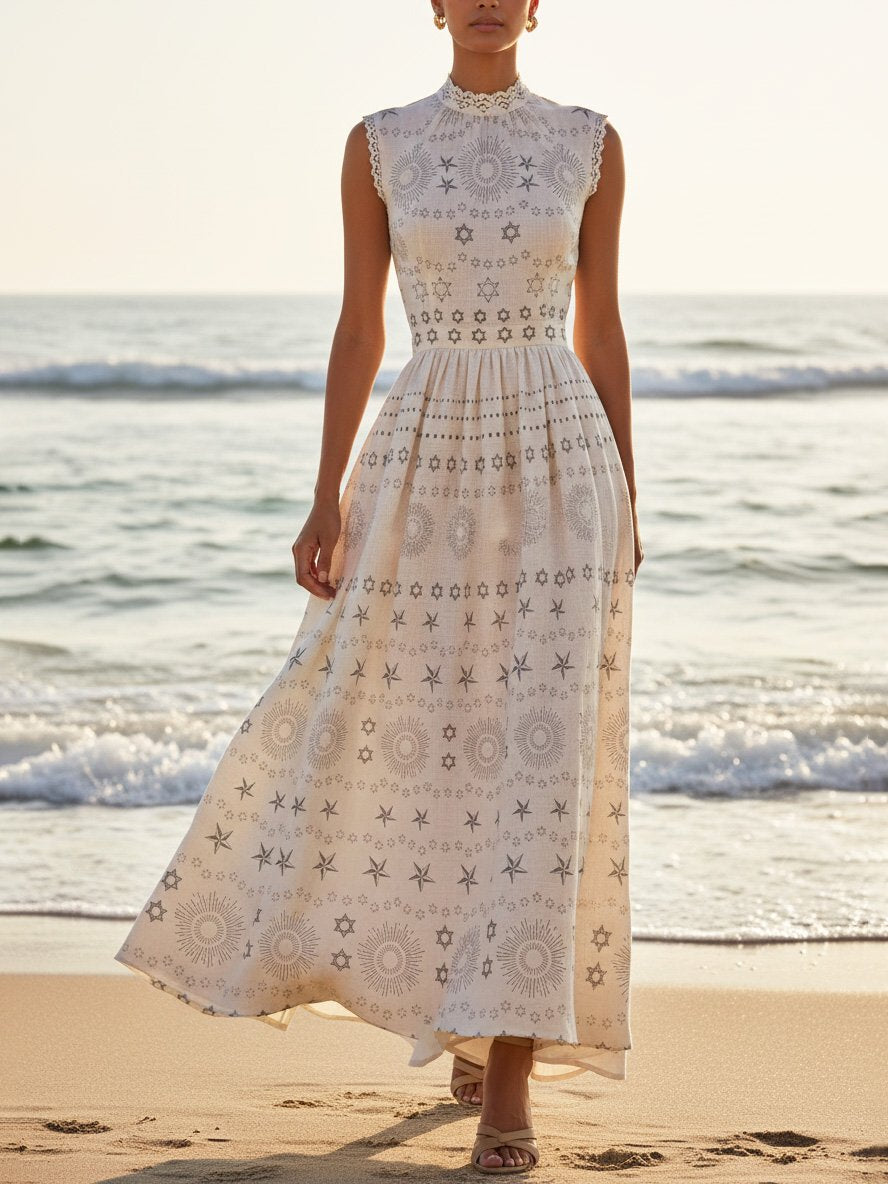 Maxi Linen Dress, Sleeveless, Geometric, Vintage, White