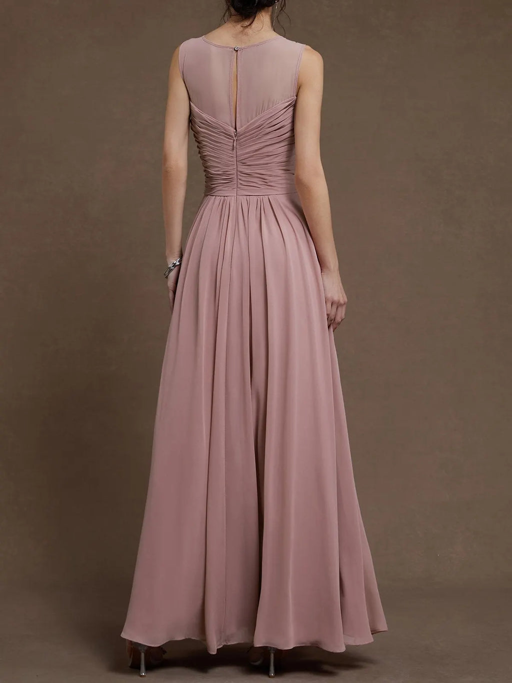 Pink Ruched Chiffon Crew Neck Sleeveless A-Line Maxi Bridesmaid Dress