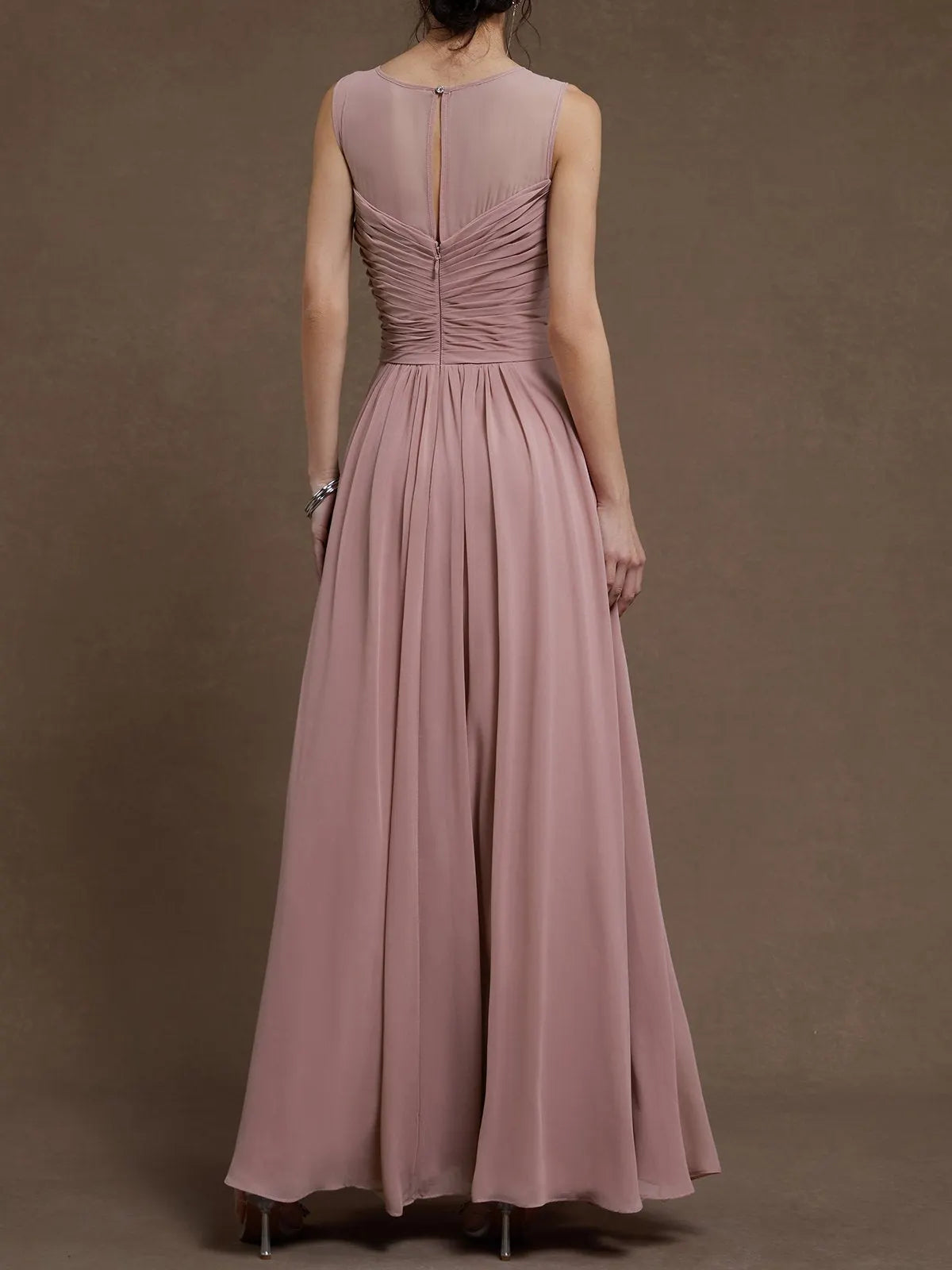 Pink Ruched Chiffon Crew Neck Sleeveless A-Line Maxi Bridesmaid Dress