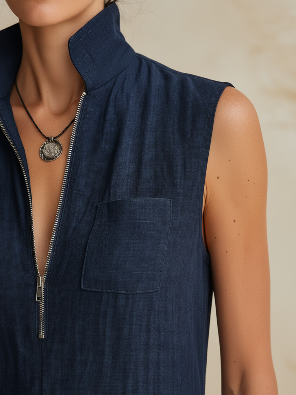 Navy Blue Tencel Denim Sleeveless Zip Front Maxi Dress