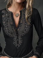 Bohemian Black Embroidered Long-Sleeved Top