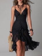 Boho High-Low Ruffled Hem Chiffon Midi Dress