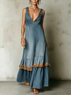 Light Blue Tencel Denim Ruffle Trim Tiered Maxi Dress