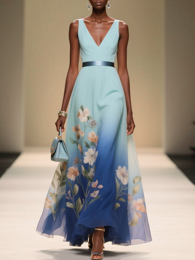Light Blue Ombre Floral Chiffon V Neck Sleeveless A-Line Midi Dress