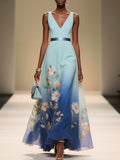 Light Blue Ombre Floral Chiffon V Neck Sleeveless A-Line Midi Dress