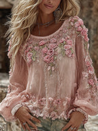 Women's Romantic Floral Embroidered Art Print Flowy Linen Blend Casual Tops