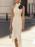 Ivory Satin Dress With 3D Floral Shoulder Accent