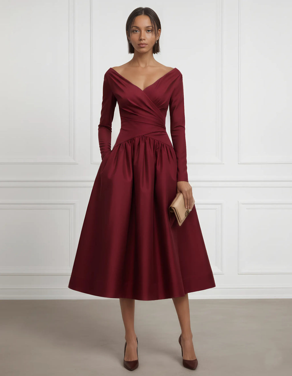 Burgundy Ruched Satin V Neck Long Sleeve A-Line Midi Dress