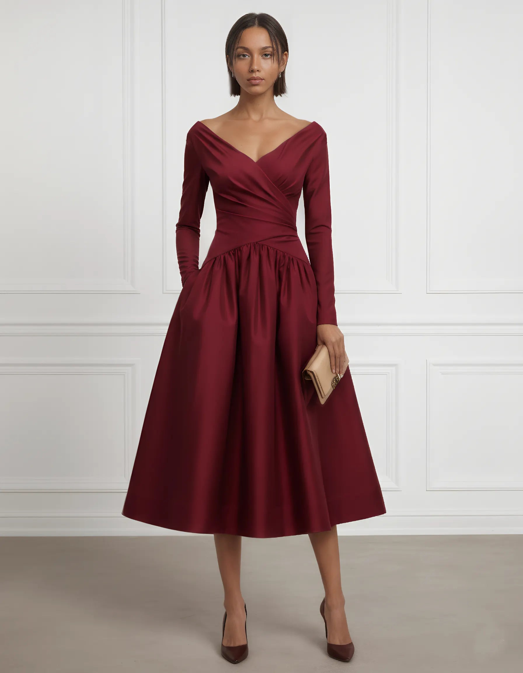 Burgundy Ruched Satin V Neck Long Sleeve A-Line Midi Dress