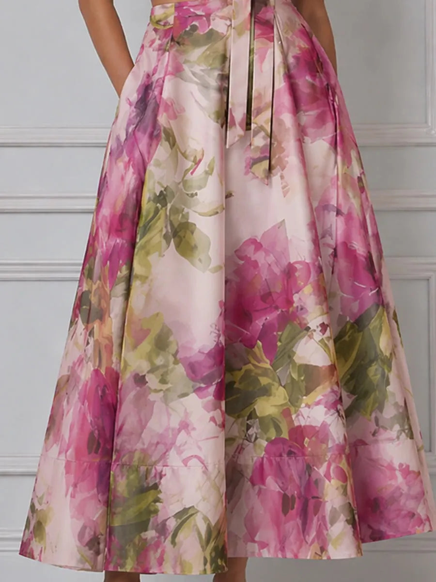 Floral Print Bow-Tie Cropped Top And A-Line Midi Skirt Set