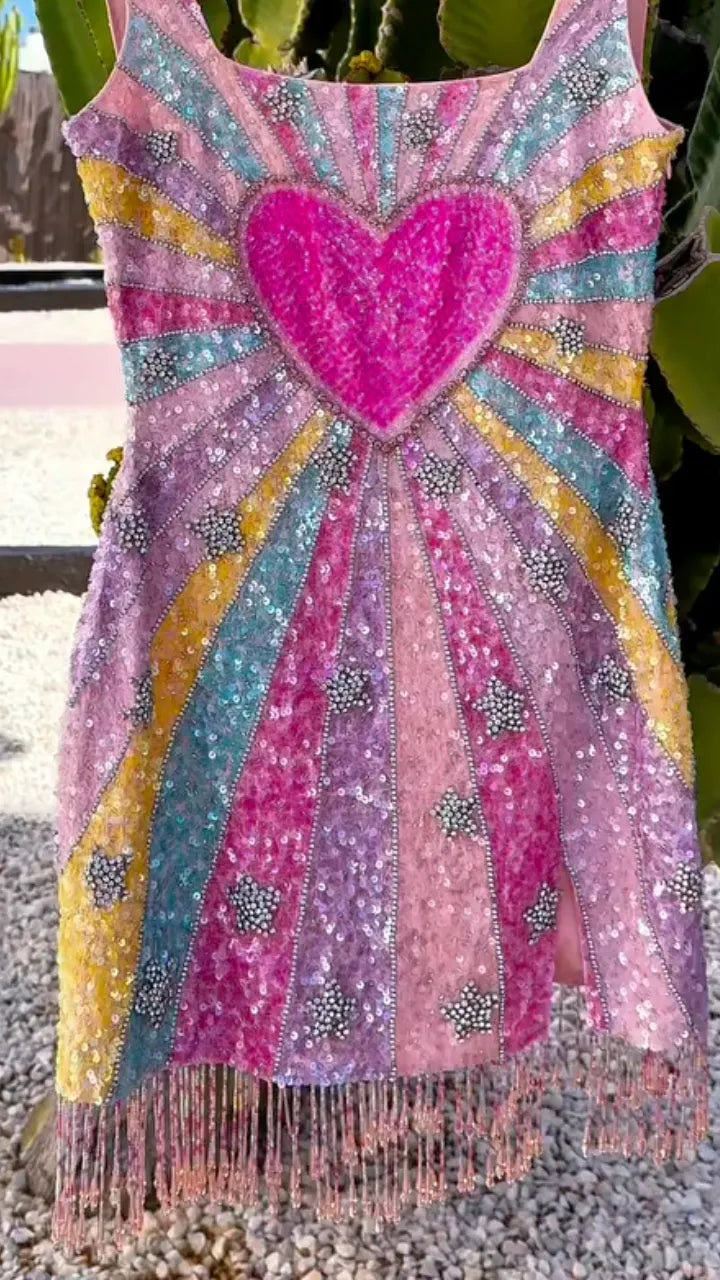 Colorful Heart Sequin Fringe Mini Dress