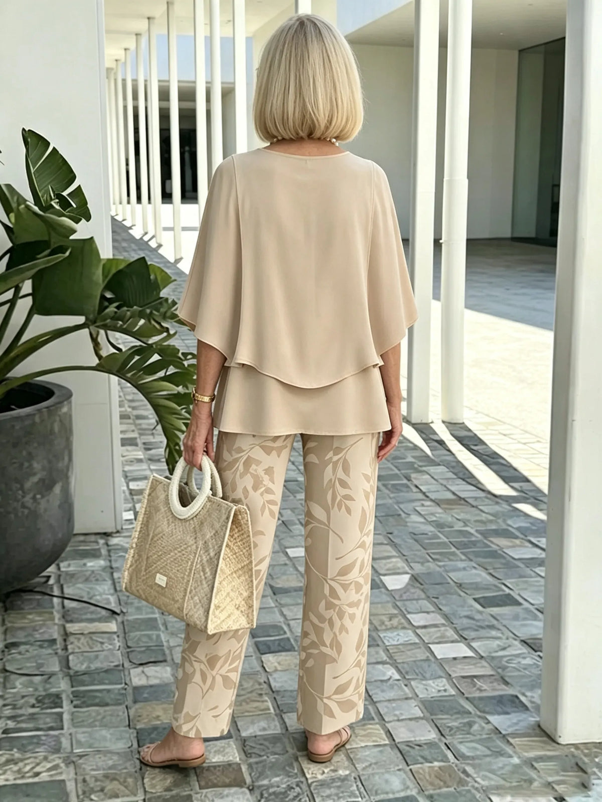 Women's 2 Piece Outfits Set, Crew Neck Flutter Sleeve Layered Blouse & Leaf Print Straight Leg Pants, Casual Loose Matching Two Piece Set for Summer Daily Wear