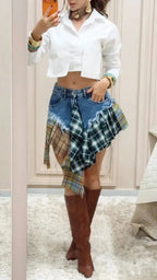 White Crop Shirt & Asymmetric Plaid Patchwork Denim Skirt Set