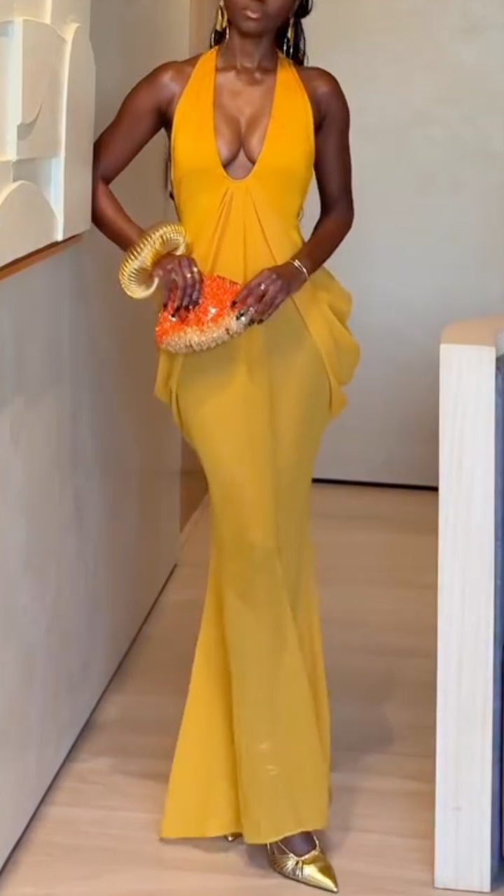 Bright Yellow Halter Deep V Backless Draped Chiffon Maxi Dress