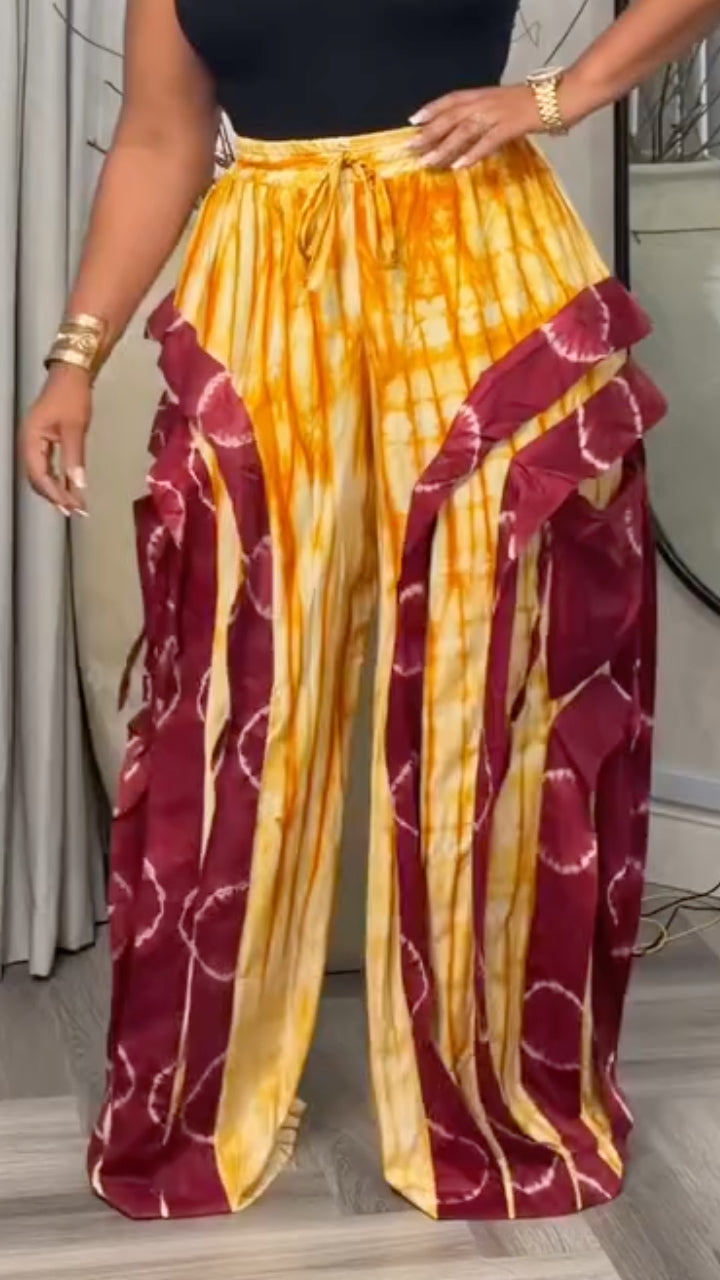 Tie‐Dye Patchwork Ruffled Wide Leg Palazzo Pants For Women