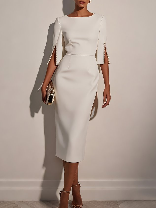 Light Blue Faux Pearl Classic Crew Neck Half Sleeve Sheath Midi Dress
