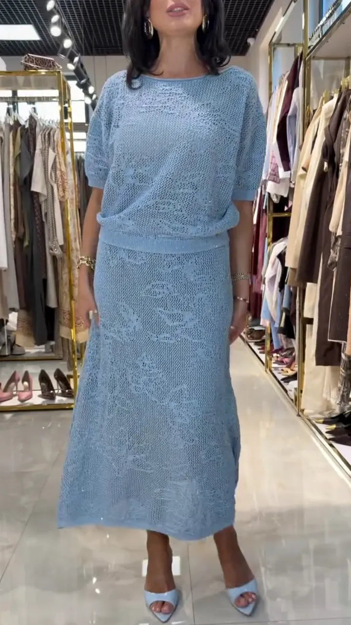 Crochet Knit Top Midi Skirt Two‑Piece Set