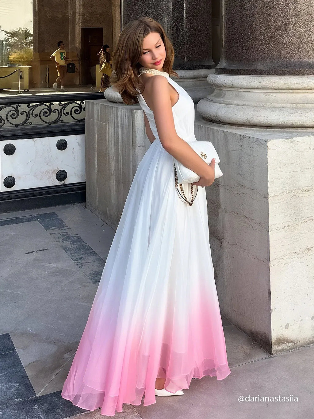 Pink Chiffon Halter Ombre Faux Pearl Cut Out Sleeveless A-Line Mock Neck Maxi Dress