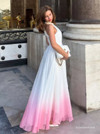 Pink Chiffon Halter Ombre Faux Pearl Cut Out Sleeveless A-Line Mock Neck Maxi Dress