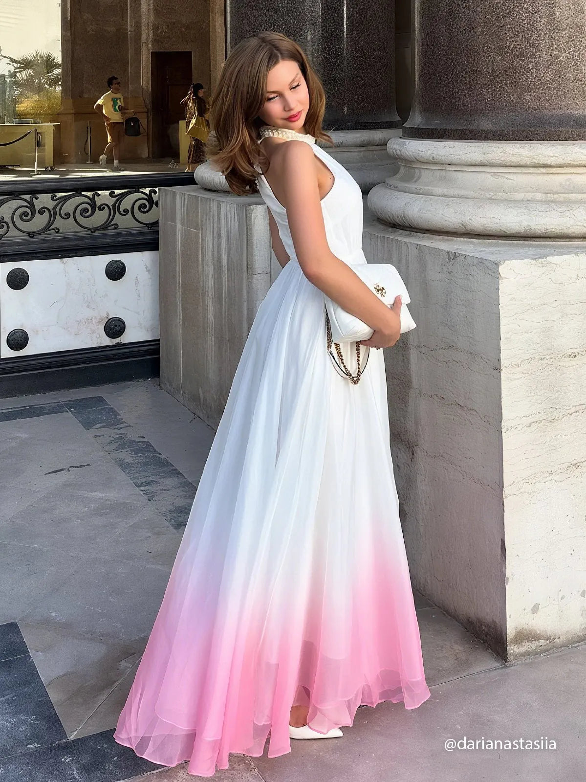 Pink Chiffon Halter Ombre Faux Pearl Cut Out Sleeveless A-Line Mock Neck Maxi Dress