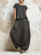 Dark Grey Oversized Linen Blend Harem Pants & Cap Sleeve Top Set
