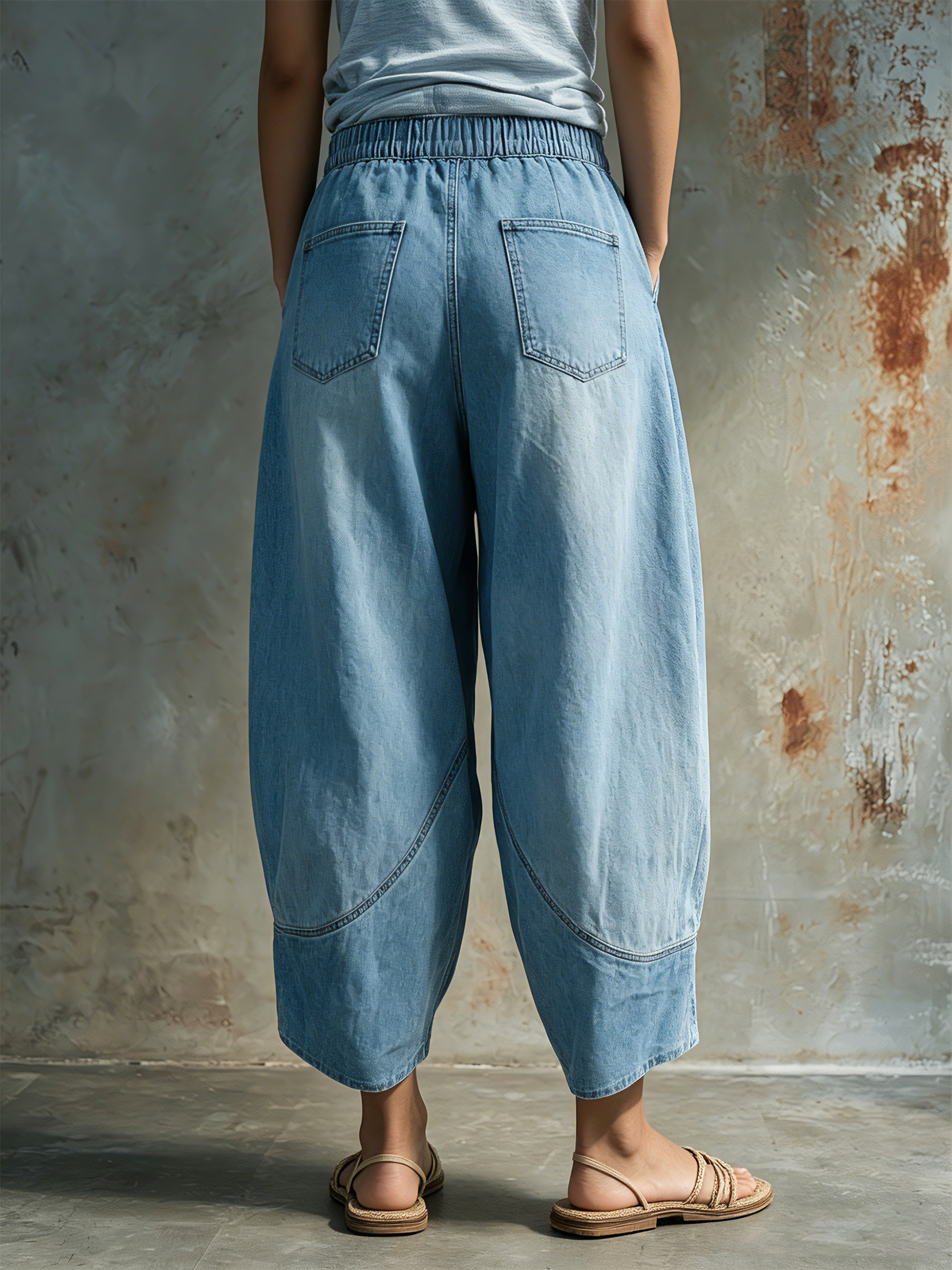 Light Blue Washed Denim Barrel Leg Cropped Jeans