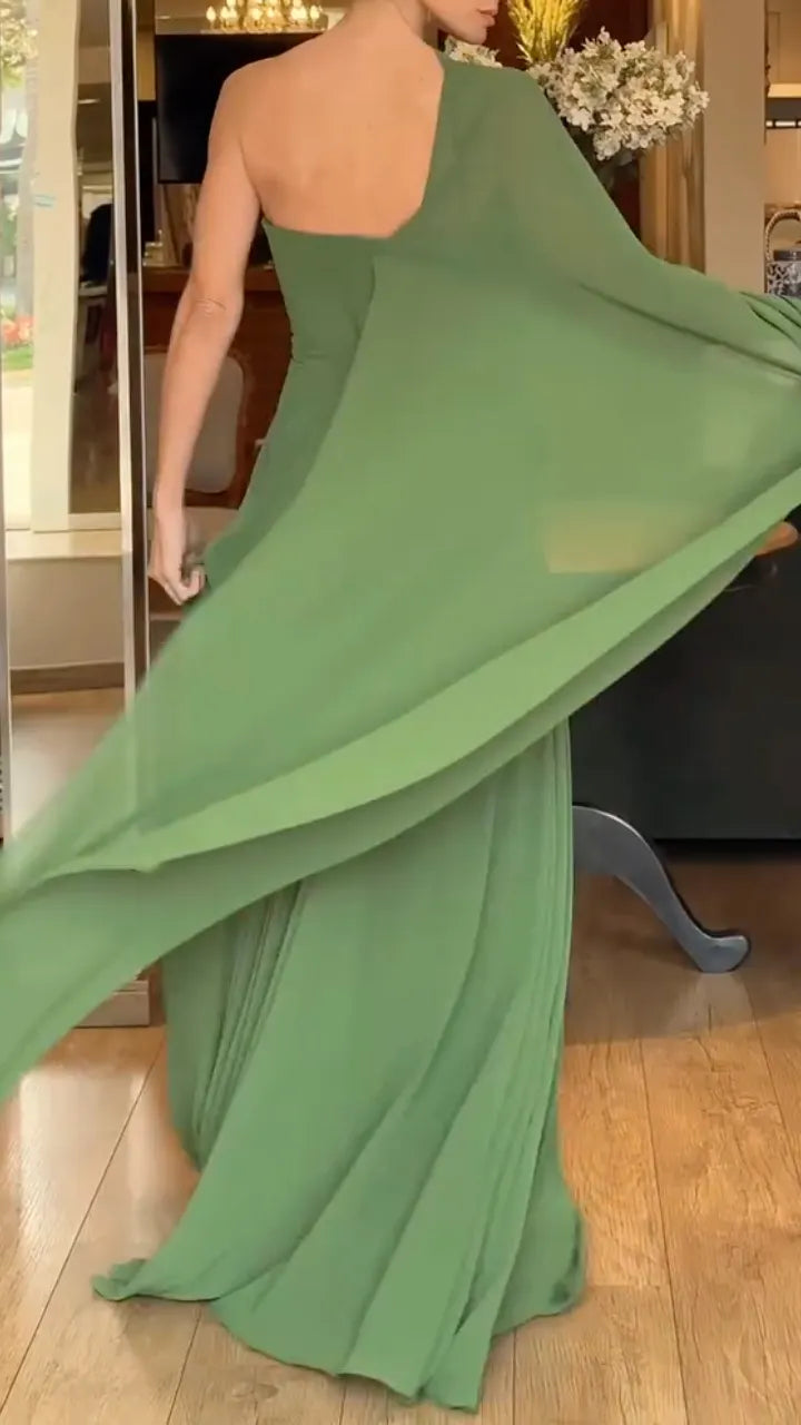One Shoulder Cape Sleeve Floral Detail Chiffon Maxi Dress