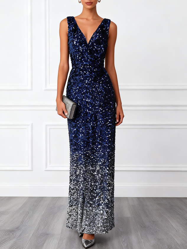 Navy Blue Ombre Sequin Deep V Neck Sleeveless Sheath Maxi Dress